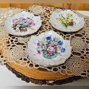 Vtg Nasco Floral Leaf Plates 1950s "Japan" Trinket Dish Set Of 3 - 5"